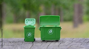 Close-up shot of hand placing paper balls and small beer bottles into miniature trash bins on a stump in the forest, then emptying the bins' contents.