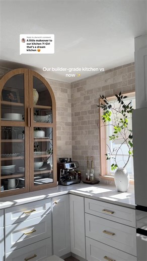 Replying to @Jberech Our builder-grade kitchen vs now ✨ One of the biggest changes we made when transforming our home. It’s wild how a few upgrades can completely change a space! #buildergrade #beforeandafter #hometransformation #kitchenbeforeandafter #homeupgrade remodelinspo interiordesign fixerupper renovation dreamkitchen