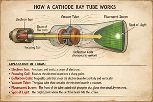 A Cathode Ray Tube is a vacuum tube used to produce images in devices like old televisions, computer monitors, and oscilloscopes. It works by producing a beam of electrons and directing it onto a fluorescent screen. Explanation of Each Labeled Part 1. Electron Gun It is the source of electrons. It consists of a cathode (heated filament) and anode. When the cathode is heated, it emits electrons due to thermionic emission. The anode accelerates the electrons into a narrow beam. 2. Beam of Electron