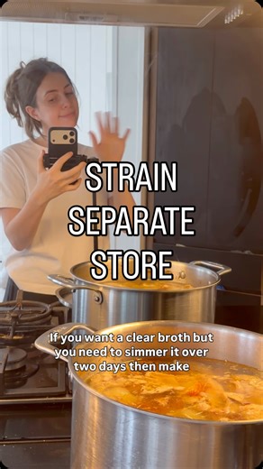 Tahlia Davies BROTH FIEND on Instagram: "If you want a clear broth, but you need to store it in the fridge overnight before a second simmer, always separate liquids and solids. Storing them together can make the broth cloudy due to the extraction of additional proteins, fats, and marrow from the bones as it sits and cools. Sometimes your broth needs a second simmer (I wanted to go to bed, but my broth wasn’t rich enough). Strain, separate and store. Then you can go again the next day. Not my mos