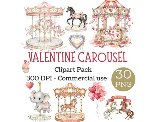 Vintage Valentine Carousel Watercolor Clipart, Whimsical Merry Go Round, Commercial Use PNG - Etsy