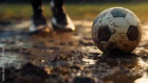 Muddy soccer ball lies on a wet field as a soccer player walks away, highlighting the challenging conditions of the game