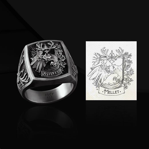 Custom Family Crest Signet Ring: Oxidized Sterling Silver Coat of Arms - Etsy