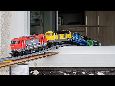 Large Lego train track from the house to the garden