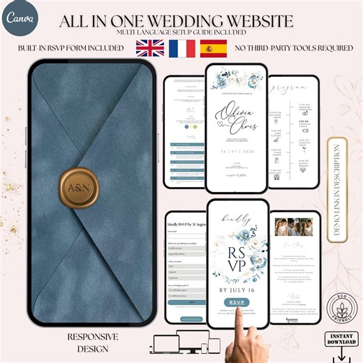 Blue Wedding Website Template, Clickable RSVP, Multilingual (canva Editable, Digital Download - Etsy