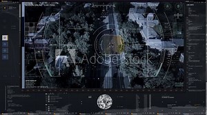 Hi-Tech Target Surveillance Software Interface Scanning Car On Road. Hi-Tech Drone Control Ui For Advanced Target Scan. Target Scan In Hi-Tech City Security System. Technology. Tracking Criminal