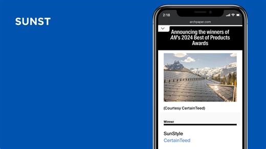SunStyle® by CertainTeed received the Best of Products Awards, Roofing from The Architect’s Newspaper! The judges were so impressed by SunStyle’s beauty and energy efficiency that they called it “a testament to just how attainable a sustainable future really is.” We’re so thrilled—and we couldn’t agree more 😎 Read about the accomplishment here: https://bit.ly/3YvS4ek | CertainTeed
