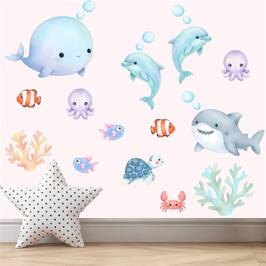 Watercolor Ocean Animal Wall Decals, Whale Dolphin Nursery Wall Stickers - Etsy