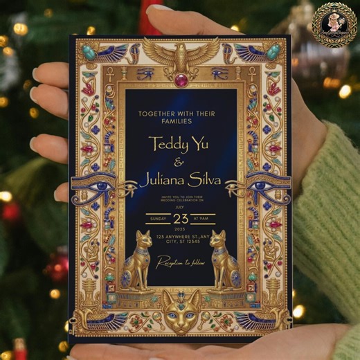 Pharaoh Ancient Egyptian Navy Velvet Wedding Invitation Suite Gold Frame Bastet Ankh Luxury Royal Theme Digital Printable Invite - Etsy