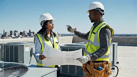 Workers check blueprints on roof with air conditioning units in city skyline