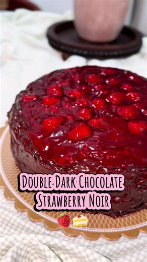First time baking a cake, and I went big! 12 inches of Dark Chocolate Strawberry Noir 🍓🍫 #baking #bakingtiktok #cake #fyp #darkchocolate