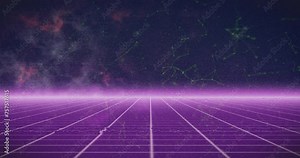 Animation of interference over network of connections and neon lines on black background Stock Video