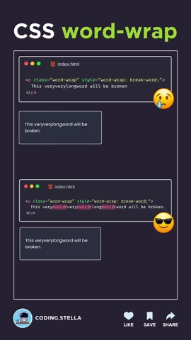Stella • Coding • HTML • CSS • JAVASCRIPT on Instagram: "CSS word-wrap is a property used to control how text is wrapped in an element 😍🫡 It helps manage long words or URLs that might overflow their container. ✅️ The use of tags in HTML allows you to specify where a word should be broken when it reaches the end of a line. 🧑‍💻Basic Syntax - CSS - p { word-wrap: break-word; } HTML - This very very long word will be broken. ❤️ Hit the heart icon and show your love to