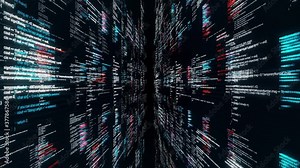 Programming code flowing on black background with 3D effect, seamless loop. Animation. Abstract technological pattern, concept of software development and computer script.