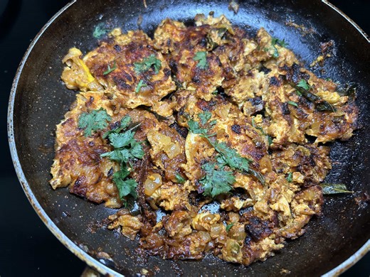 EGG BURJI RECEIPE . Detailed Receipe on my YouTube channel . . . . . . . Receipe: Cut 3-4 onions into small pieces Cut 3 green chillies into small pieces Add oil in a pan Add 1tsp Cumin Add onions and green chillies Add 1tsp salt Add 1/2 tsp turmeric Fry it until they get mushy Add 1tsp Ginger Garlic Paste Add Curry leaves(optional) Add 1 tsp red chili powder Add 1/2 tsp coriander powder Add 1/2 tap cumin powder Fry it Break eggs into the pan (I used 5 eggs) Gently mix the egg whites Once the eg