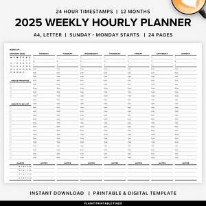 2025 Weekly Hourly Planner: 24-hour Schedule (printable PDF) - Etsy