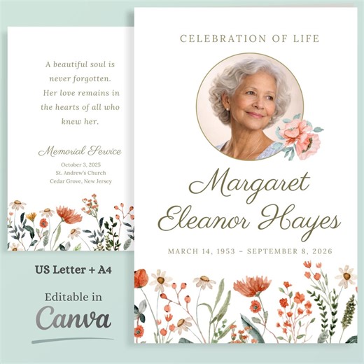 Floral Funeral Program Template, Celebration of Life Program, Editable Canva Memorial Program with Photo Collage