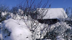 The snow of the Siberian winter. The small village house and garden are covered with snow, full of snowdrifts scene