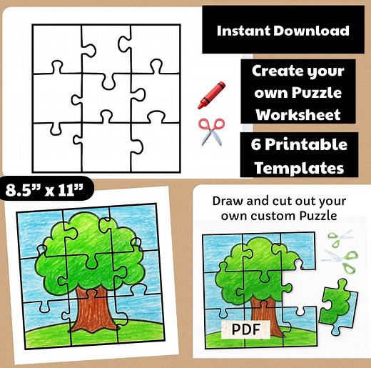 6 Printable Puzzle Outline Templates | Create Your Own Puzzle Worksheet PDF | Custom Puzzle DIY | Color Your Own Jigsaw Puzzle | Color & Cut - Etsy