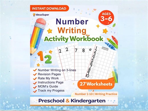 Number Writing (Math Large Block Page) Workbook 1–10 | Preschool and Kindergarten Math Activities | Print & Go Worksheets