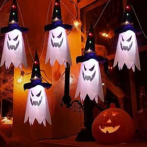 Halloween Hanging Lighted Glowing Ghost Witch Hat, LED Hanging Ghost Lights for Halloween Party Outdoor Yard Indoor Patio Lawn Garden Ornaments Clearance Tree Decor (White)