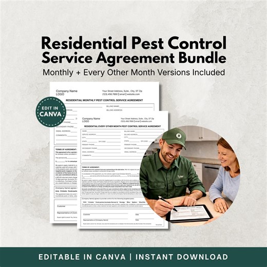 Pest Control Service Agreement Templates, Editable Canva Contract, Residential Pest Control Forms, Client Agreement, Instant Download
