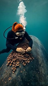 Amazing, Female diver cleans barnacles from whale !! | Romeo Romi