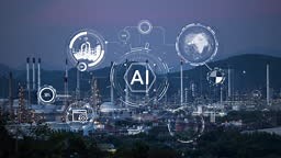 Animated industry icons over an industrial plant. Technological...