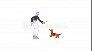 Hijab woman playing with dog line 2D character animation. Canine pet training flat color cartoon 4K video, alpha channel. Muslim female owner with dachshund animated person on white background