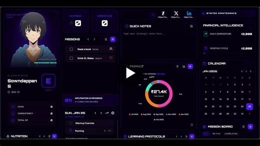 #sololeveling #solosystem #lifeos #productivity #fullstackdev #fastapi #react #personalgrowth #buildinpublic | SOWNDAPPAN S