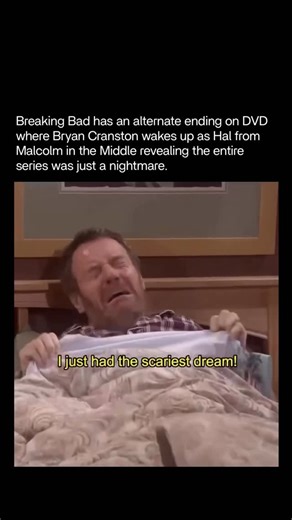 blowingfact on Instagram: "An alternate ending to Breaking Bad was filmed as a playful nod to Bryan Cranston’s earlier sitcom role in Malcolm in the Middle: instead of the bleak finale, the show cuts to a scene where Cranston wakes up in bed as Hal. His bumbling dad character, shaken from a nightmare about being a ruthless meth kingpin named Walter White, with Jane Kaczmarek as Lois reassuring him it was just a dream—blurring the line between the two series and giving fans a surreal, comedic twi