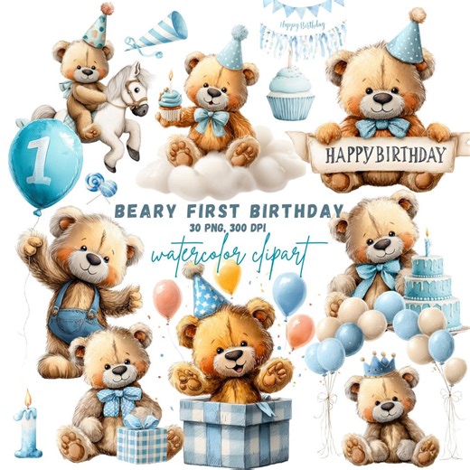 Watercolor Teddy Bear Clipart, Beary First Birthday Graphics (30 PNG, 300 DPI) - Etsy