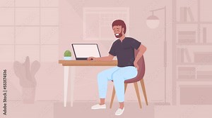 Animated spine problem illustration. Back pain due to prolonged sitting. Office syndrome. Looped flat color 2D cartoon character animation with workplace on background. HD video with alpha channel