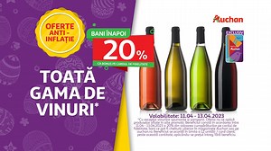 Cu oferte anti-inflație ai o singură destinație! Între 11-13 aprilie profită de: 🍷20% bani înapoi ca bonus pe cardul de fidelitate MyCLUB Auchan la toată gama de vinuri*👉🏻 https://bit.ly/3zOm1cx 🧈Unt Auchan, 200 grame, 82% grăsime la prețul special de 8,99 lei/bucată**👉🏻 http://bit.ly/3KOpAWx 🧀Cașcaval Dotti, 480 grame la prețul special de doar 17 lei/bucată** 👉🏻 http://bit.ly/3Gvde2T *Cu excepția vinurilor spumante și șampanii. Oferta nu se aplică produselor aflate în alte promoții. Be