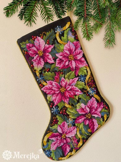 Counted Cross-stitch Kit - Pink Poinsettia Christmas Stocking. Embroidery Pattern on Aida 16 Count Canvas. Craft Project by Merejka K-262 - Etsy
