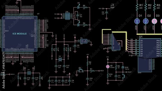Video animation with schematic diagram of electronic device. Animated motion lens increase effect. Drawing electrical circuit with capacitor, resistor, processor, diode. Computer technic cad design.
