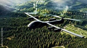 Military Drone in Flight: Unmanned Aerial Vehicle (UAV) Soars Over a Mountainous Forest. Surveillance, Defense, Military Technology Concept.