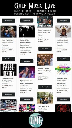 🎤 𝐆𝐌𝐋 𝐒𝐞𝐭𝐥𝐢𝐬𝐭 – 𝐅𝐫𝐢𝐝𝐚𝐲, 𝐅𝐞𝐛 𝟐𝟕𝐭𝐡 🎤 🏖️ GulfMusicLive.com 🏖️ It is an absolutely monster of a Friday on the Gulf Coast - GML has nearly 𝟔𝟎 shows listed for today, including the opening of a 𝐧𝐞𝐰 𝐯𝐞𝐧𝐮𝐞 - The Red Haven Live and a full line-up of The Family Union, Chitlin Switch, and Koontz. And the music continues all day and into the late night with the Ryan Dyer Band at the Flora-Bama Lounge & Package. The scroll gives you the full 90-second rundown of the day, 