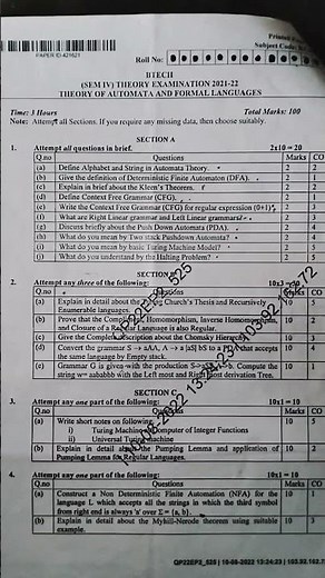 Aktu B.tech 2nd year (4th sem) paper of THEORY Of AUTOMATA AND FORMAL LANGUAGE (KCS-402) 2021-22