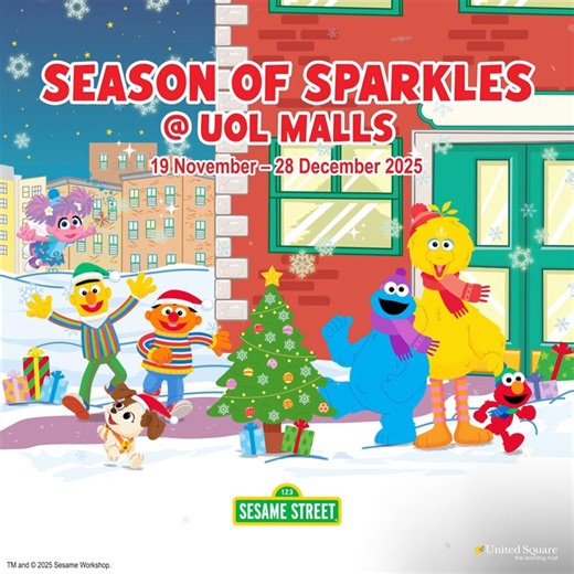 Step into a Season of Sparkles with your favourite Sesame Street friends! ✨🎄 From now till 28 Dec, get ready to unwrap the magic with exclusive gift with purchase treats, adorable meet-and-greets, and a dazzling bubble experience happening from 28 Nov to 7 Dec! 💖 And that’s not all — be one of our top 5 spenders and you could score a 1-night staycation at a Pan Pacific Hotels Group property in Singapore! 🏨 For more details, visit bit.ly/season-of-sparkles-united-square | United Square Shoppin