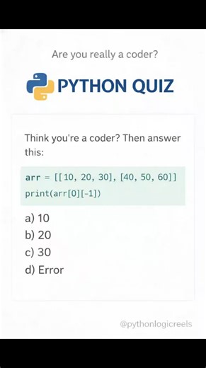 Codecraze on Instagram: "Are you a Python Ninja or still warming up? 😏🐍 A lot of folks slip up here by overlooking how indexing works in nested lists/tuples 🤯 Can you figure out the output of this code? 💡 Reminder: Python uses zero-based indexing. 👇 Drop your answer (a, b, c, or d) in the comments! Let’s see who actually knows their Python 🔥✅ . . . . #pythonprogramming #codingquiz #pythonlogicreels #learnpython #codingchallenge"