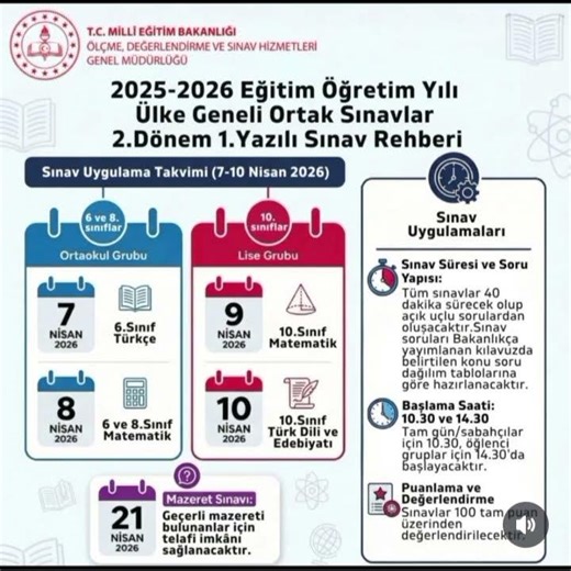 2025-26 eğitim öğretim yılı ülke geneli ortak sınavlar