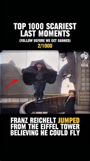 Scariest on Instagram: "In February 1912, Austrian-French tailor Franz Reichelt climbed the Eiffel Tower to test his self-designed “parachute suit,” insisting at the last moment that he would make the jump himself rather than use a dummy as promised. Witnesses watched him step onto a small stool at the tower’s first platform, steady himself at the edge, and leap — only for the suit to collapse instantly, providing no lift as he fell and passed on impact. Officials later reported that Reichelt’s 