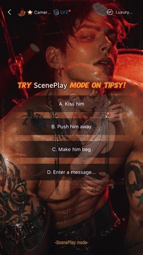 Tired of typing for text games? Try Tipsy ScenePlay Mode! 🔥 Tap to interact with characters, background changes with content, full-screen & clutter-free for immersive fun! 🎮 #tipsychat #sceneplay #otome #aigame #fanfic