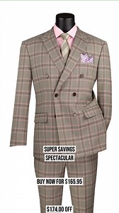 Who said suits can't make a statement? Our Light Taupe Modern Fit Double Breasted Glen Plaid Suit is here to redefine your wardrobe. With its sleek design, this 2-piece ensemble, featuring a peak lapel and double-breasted elegance, is bound to turn heads. Perfect for any occasion, its versatile look pairs effortlessly with any shirt. And the best part? You can grab it for only $165.95! Upgrade your style today 👉 #mensfashion #suit #suitstyle #weddingsuit #leisurewear #SuitsOutlets | Suits Outle