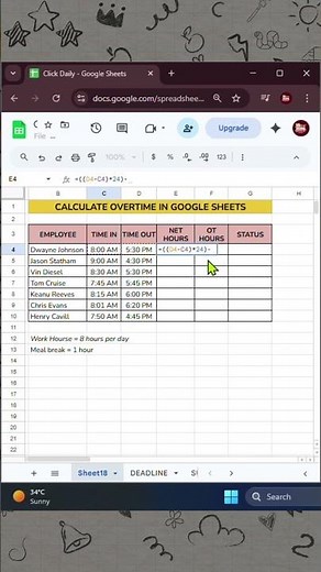 How To Calculate Work Hours & Overtime in Google Sheets #googlesheets #googlesheetstutorial #excel