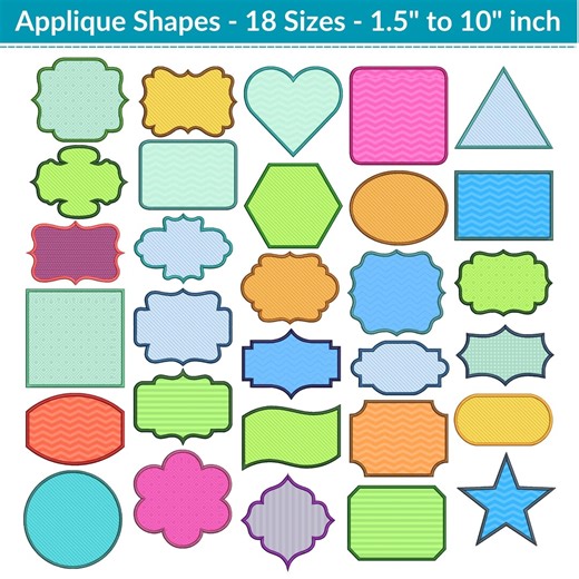 Applique Shapes Embroidery Bundle | 24 Shape Designs in 18 Sizes (1.5" to 10") | Frames, Labels, Stars, Hearts & More | Instant Download - Etsy