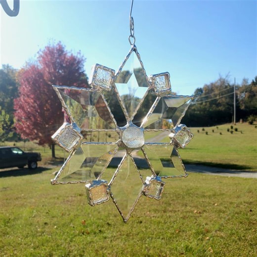 Beveled Stained Glass Snowflake With Glass Nuggets Suncatcher or Large Ornament - Etsy