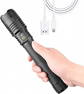 LED Flashlight 90000 Lumens, Rechargeable Flashlights with USB, Hand Super Bright Tactical Flashlights, Zoomable&Waterproof, 3 Modes Searchlight for Camping, Outdoor and Emergency(Black)