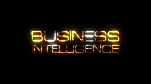BUSINESS INTELLIGENCE gold text with glitch effect loop title on black background. 4K 3D seamless loop BUSINESS INTELLIGENCE glitch effect element text animation with golden shine effect element for intro title | Premium Stock Video Footage